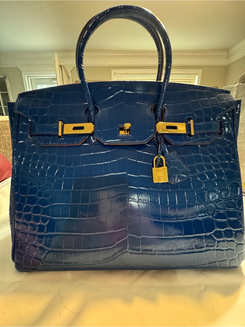 Walmart Wirkin Blue Patent Croc-Embossed Tote with Gold Hardware